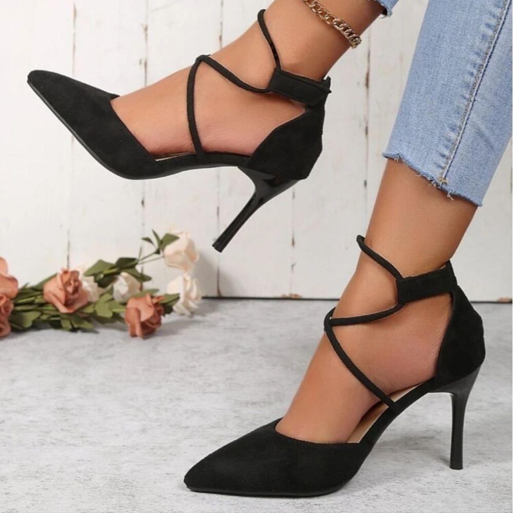 KKP Black Faux Suede Cross Strap Pointed Toe Stiletto Heels Sandals, Sz 7